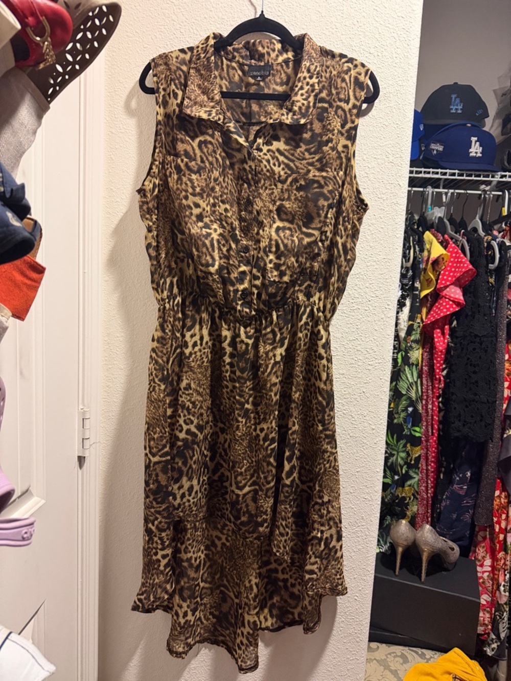 Sleeveless Leopard Print Midi Dress - Brown -